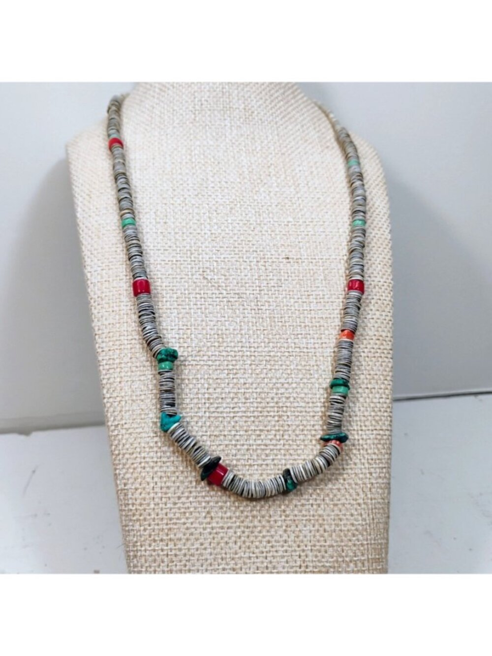 Handmade Santo Domingo Pueblo Heishi Turquoise Coral Bead Necklace 21" - Picture 4 of 7